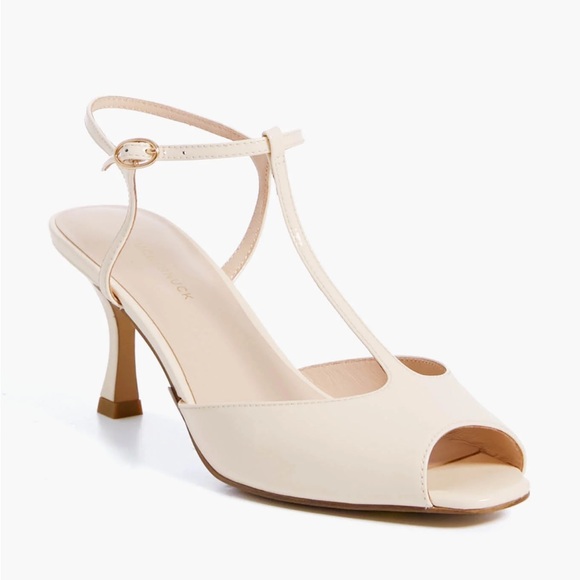 NWOT Tuckernuck Pearl Patent Sterling Tan Beige T Strap Heels - Picture 1 of 9